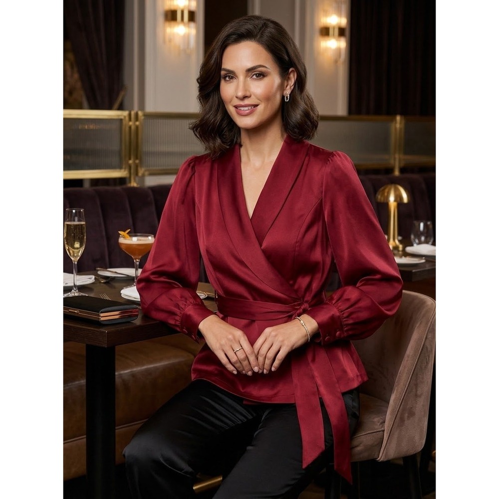 Adrianna Papell Red Satin Wrap Blouse Shawl Collar Tie Waist Peplum Top Size 8